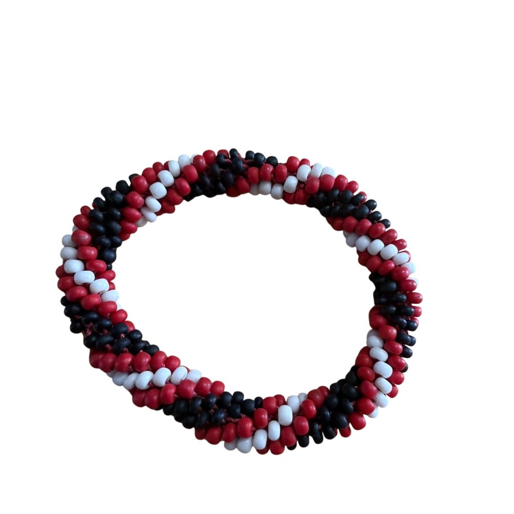 Handmade Beaded Spiral Rope Bracelet Red Black White Seed Bead Woven